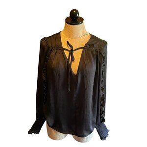 Sam‎ Edelman Womens M Black Ruffle V-Neck Long Sleeve Solid Blouse